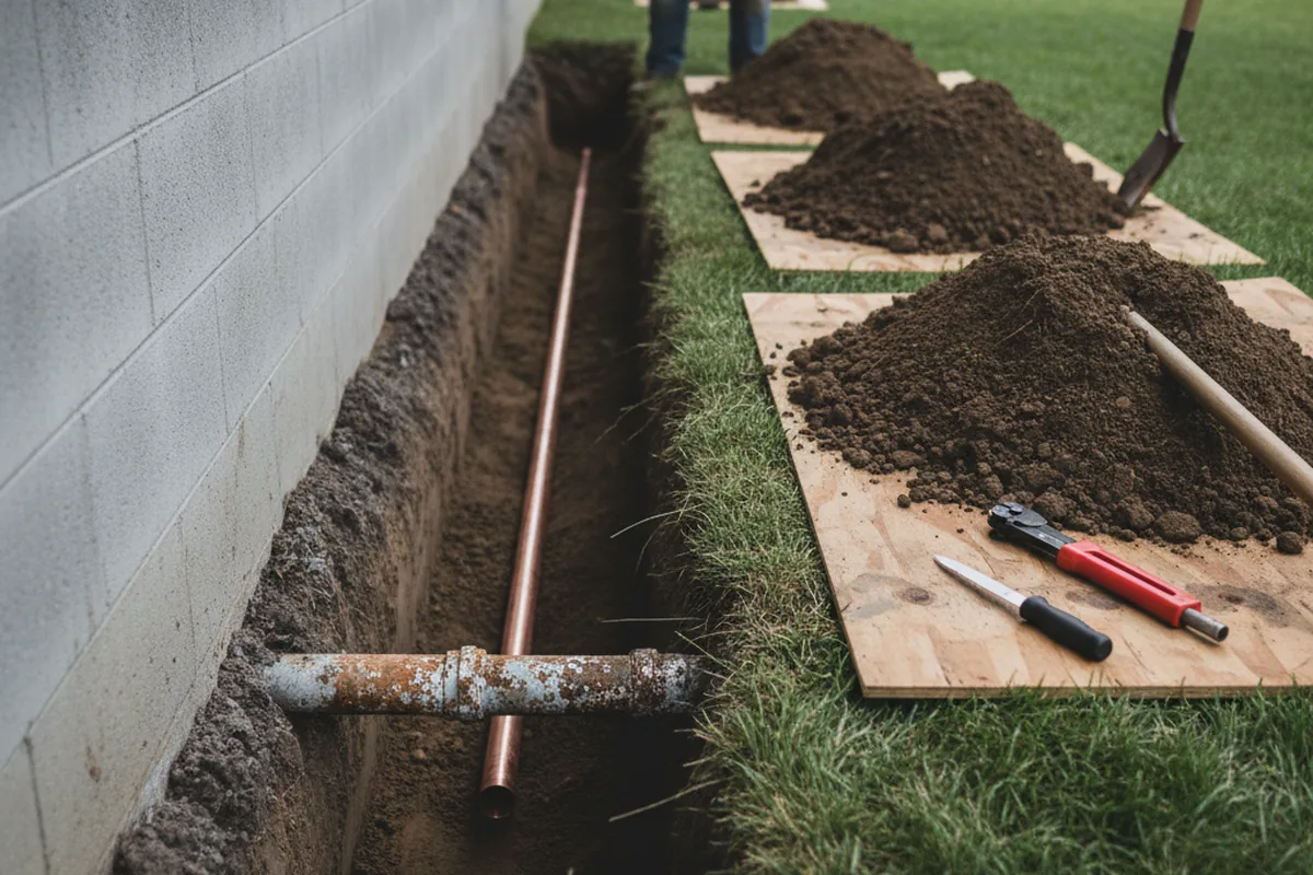 Excavated water line trench during Sewer Line Repair in Rosendale